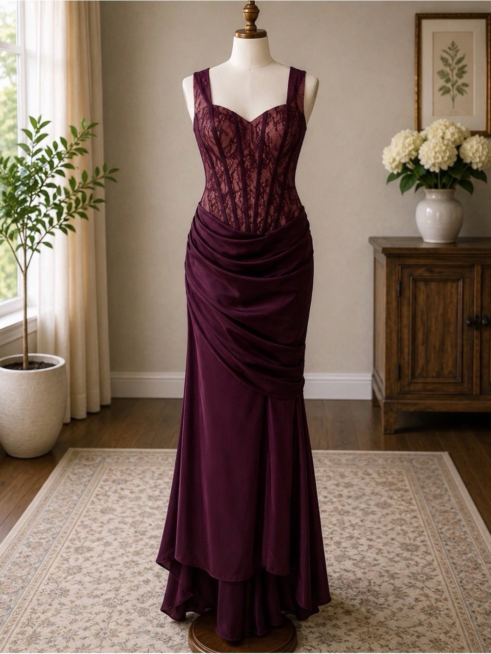 Sleeveless Lace Bodice Maxi Dress in Deep Plum